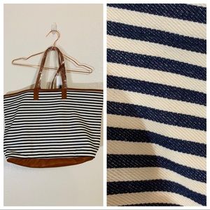 Striped Canvas Tote w Faux Leather